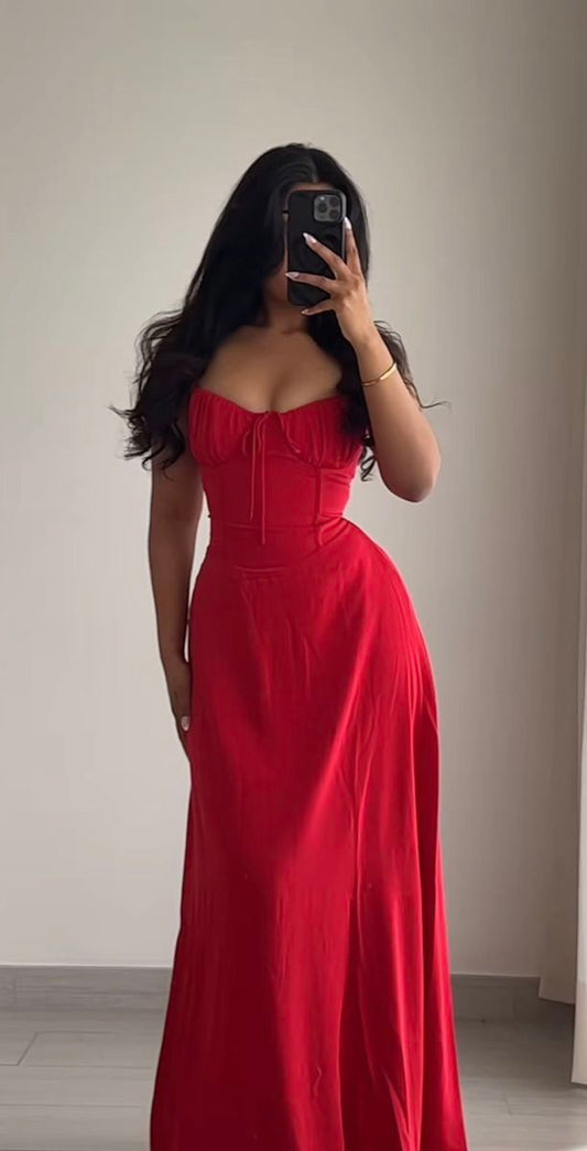 Red A-Line Straps Long Party Dress Wedding Guest Dress, DP4251