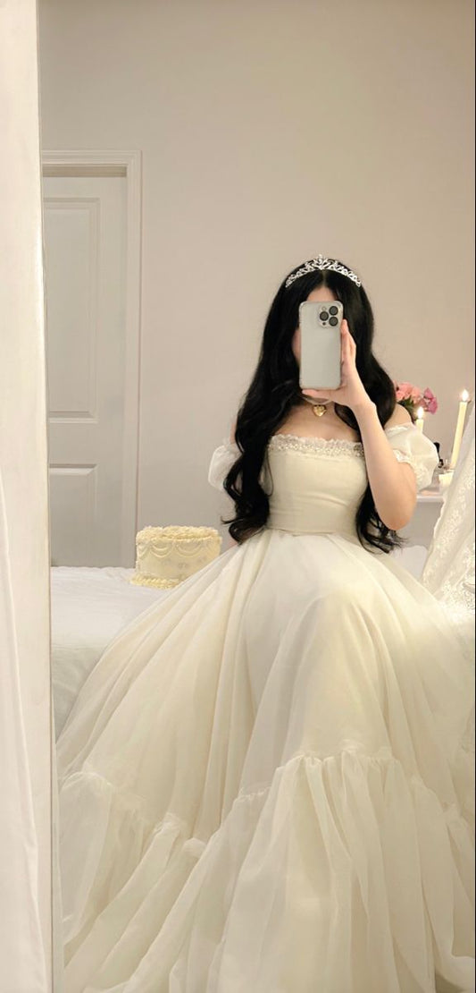 Off Shoulder Ivory A-Line Chiffon Long Party Dress Birthday Dress, DP4254