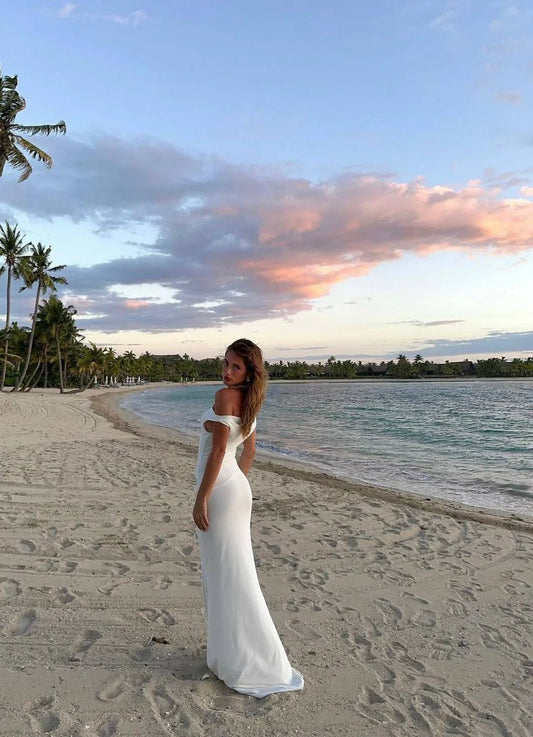 Elegant White Off Shoulder Mermaid Long Party Dress, DP4258