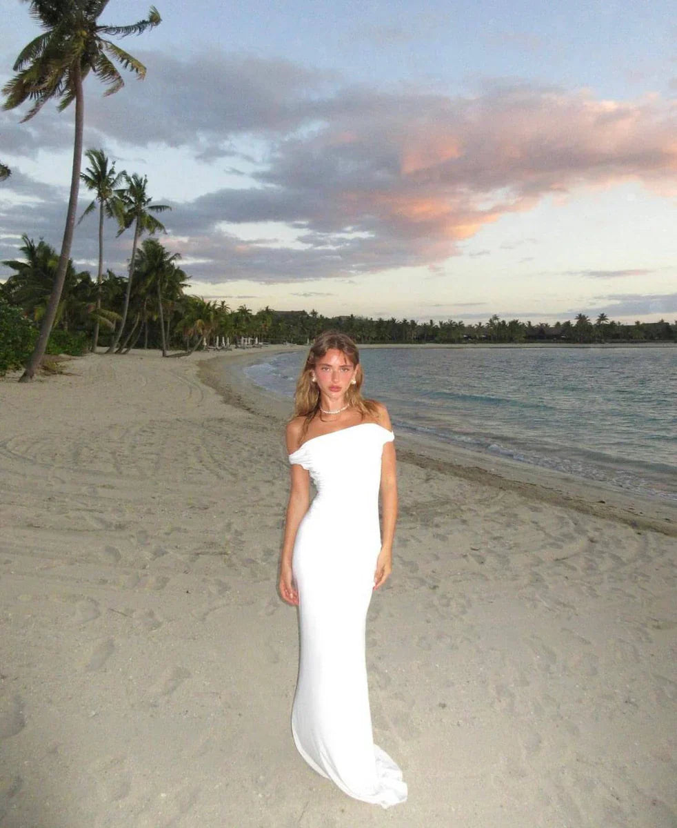 Elegant White Off Shoulder Mermaid Long Party Dress, DP4258