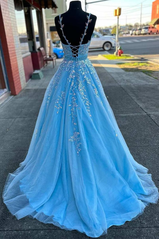 Light Blue Appliques V-Neck Belted A-Line Prom Gown,DP425