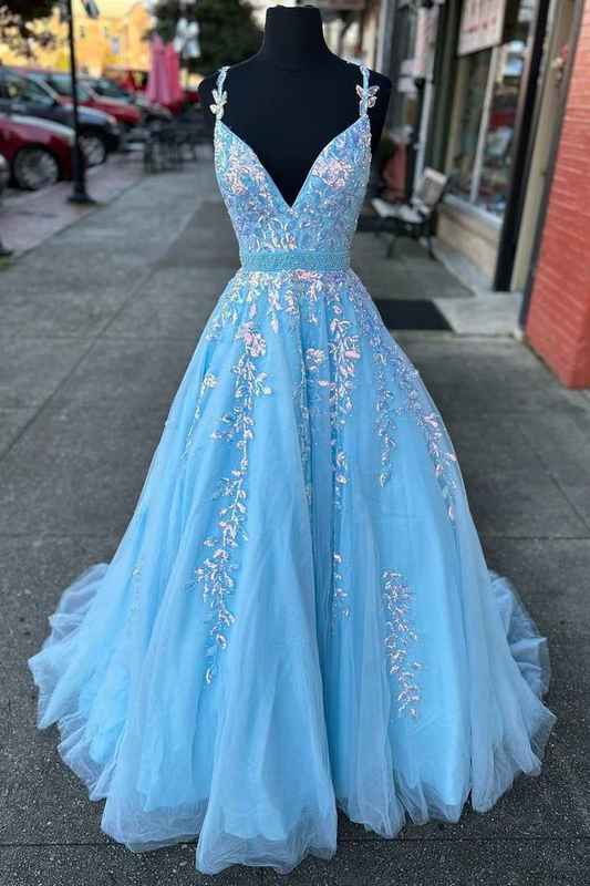 Light Blue Appliques V-Neck Belted A-Line Prom Gown,DP425