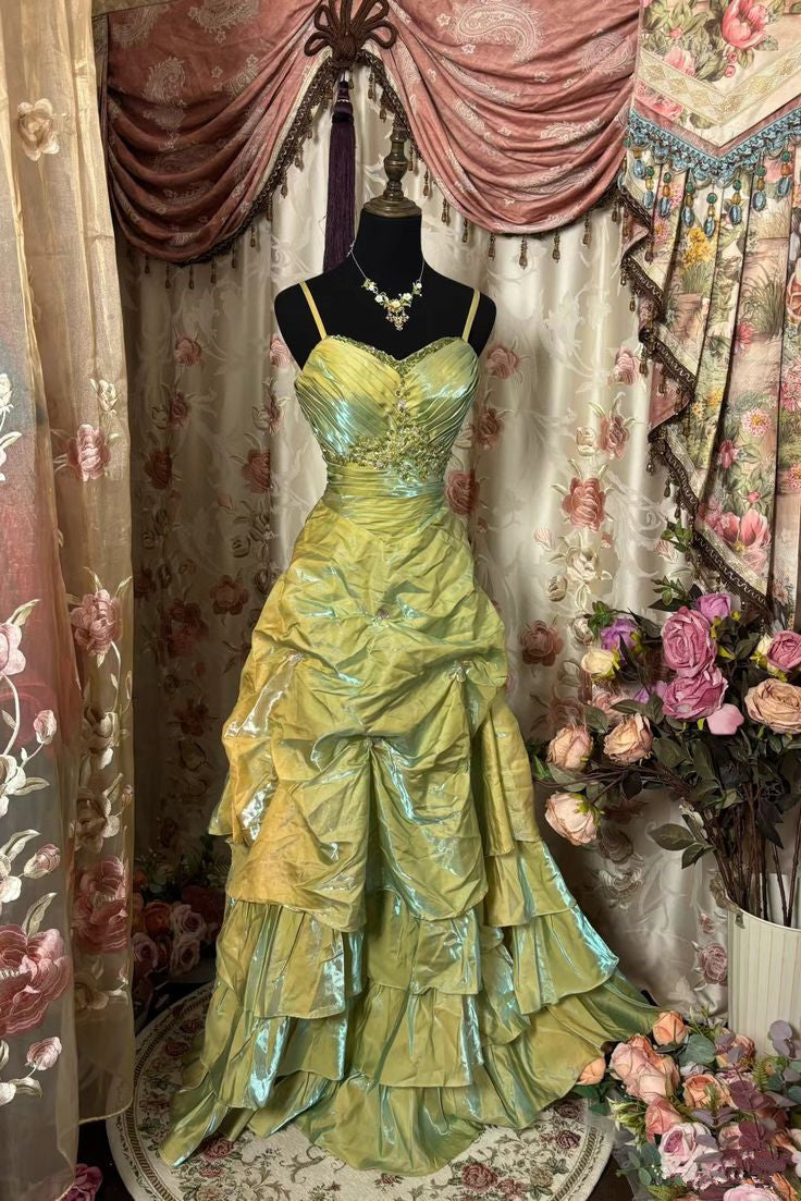 Green Spaghetti Straps A-Line Beading Vintage Long Prom Dress, DP4264 DSProm Green Spaghetti Straps A-Line Beading Vintage Long Prom Dress, DP4264 DSProm