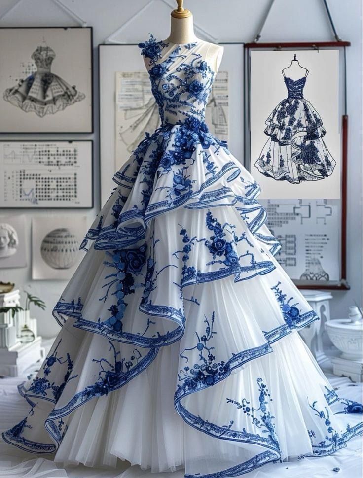 Blue Floral Printed A-Line Layers Long Prom Gown Evening Dress, DP4269