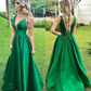 A-Line V Neck Backless Green Long Prom Dresses Formal Evening Dresses,DP426