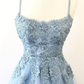 Blue Scoop Neck Light Blue Backless Lace Prom Dresses Lace Formal Evening Dresses,DP427