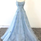 Blue Scoop Neck Light Blue Backless Lace Prom Dresses Lace Formal Evening Dresses,DP427