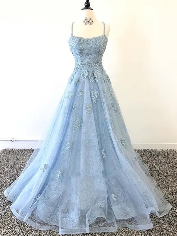 Blue Scoop Neck Light Blue Backless Lace Prom Dresses Lace Formal Evening Dresses,DP427