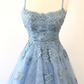 Blue Scoop Neck Light Blue Backless Lace Prom Dresses Lace Formal Evening Dresses,DP427