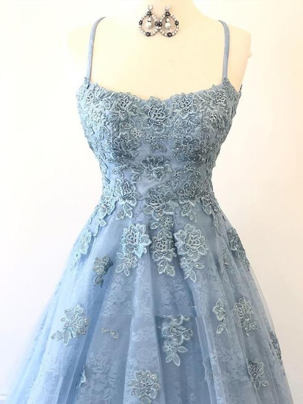 Blue Scoop Neck Light Blue Backless Lace Prom Dresses Lace Formal Evening Dresses,DP427