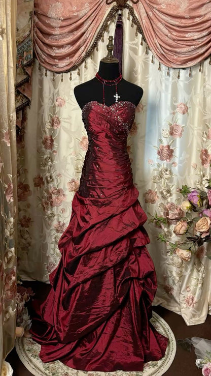 Wine Red Strapless A-Line Beading Satin Vintage Evening Gown, DP4284