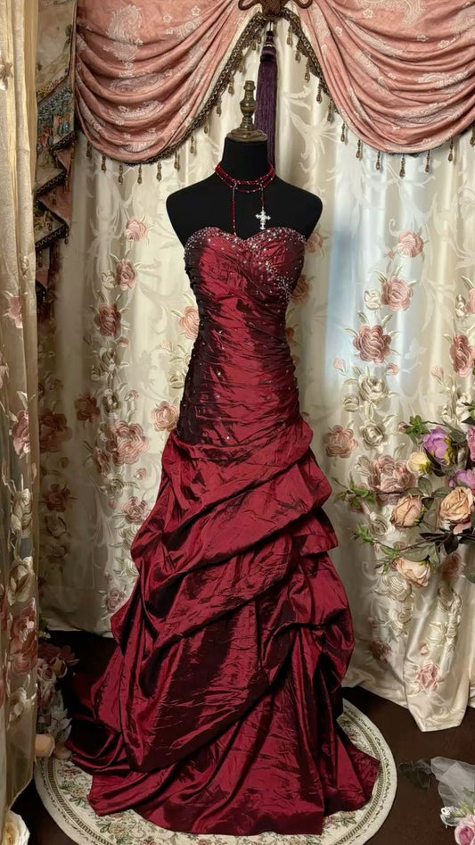 Wine Red Strapless A-Line Beading Satin Vintage Evening Gown, DP4284