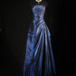 Vintage Royal Blue Satin Strapless Evening Gown with Beaded Embroidery & Draped Ruffles DP4287