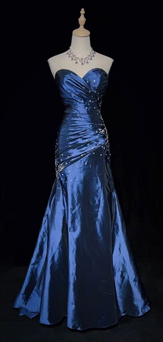 Navy Blue Sweetheart Mermaid Beading Satin Long Prom Dress, DP4288