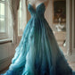 Blue Ombre Sweetheart Neck A-Line Vintage Long Prom Dress, DP4295