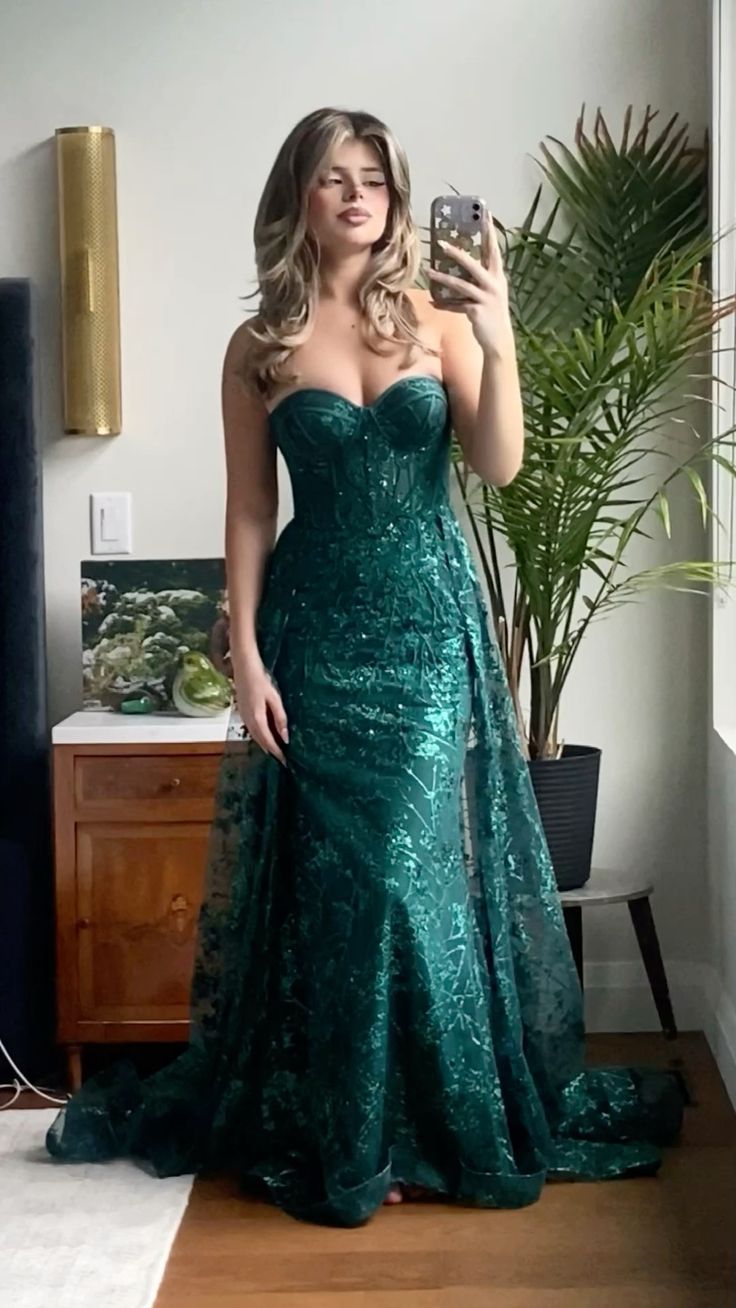 Green Sweetheart Mermaid Tulle Lace Long Prom Dress, DP4296