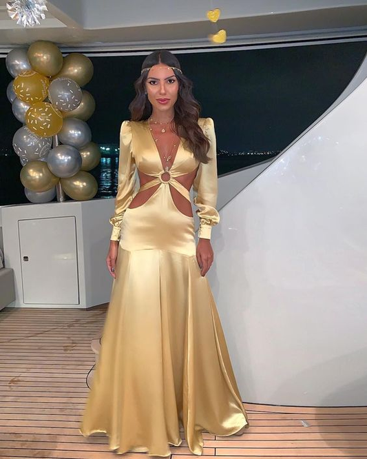 Gold Long Sleeve Deep V Neck Long Prom Dress Evening Dress Formal Dress,DP429