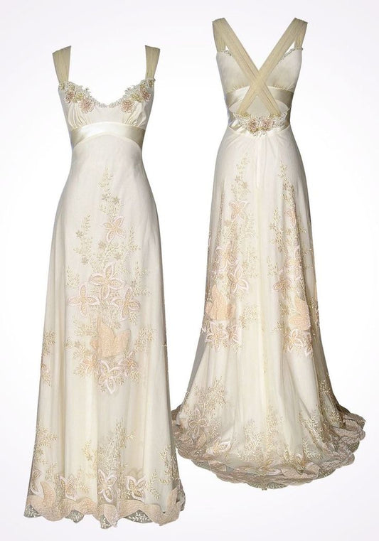 Elegant Ivory Straps Embroidery Sheath Satin Long Prom Dress, DP4303