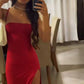 Charming Red Straps Sheath Split Long Party Dress, DP4305