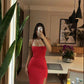 Charming Red Straps Sheath Split Long Party Dress, DP4305