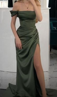 Green Satin Sheath Split Long Party Dress Evening Gown, DP4306