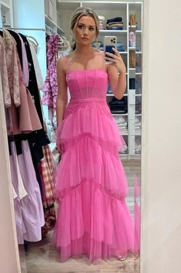 Hot Pink Spaghetti Straps Tulle Tired Prom Dress Formal Graduation Party Dresses,DP432