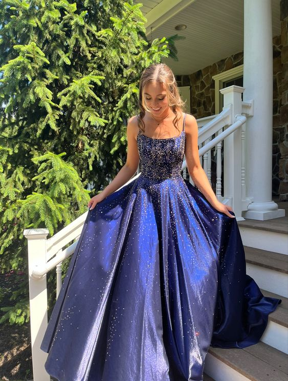 Sparkly Royal Blue A-Line Spaghetti Straps Long Prom Dress Evening Party Dress,DP436