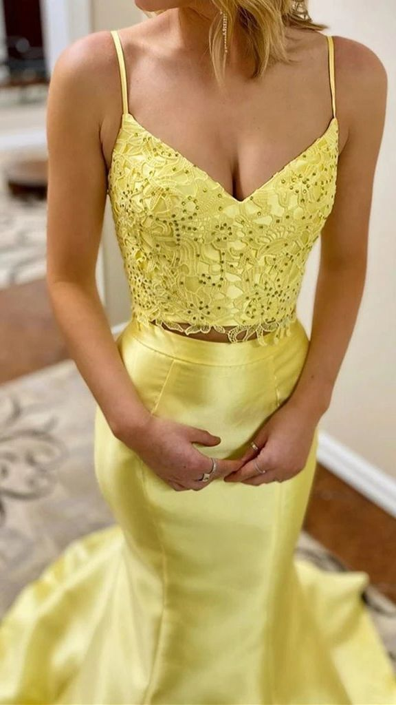 Yellow 2 Pieces Satin Mermaid Prom Dresses Evening Dresses,DP444