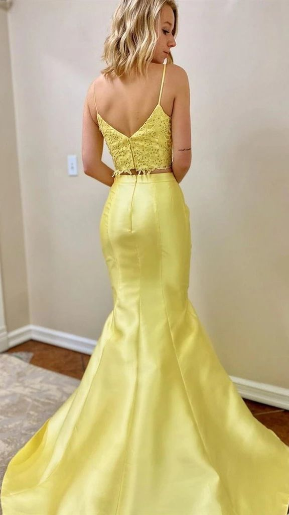 Yellow 2 Pieces Satin Mermaid Prom Dresses Evening Dresses,DP444