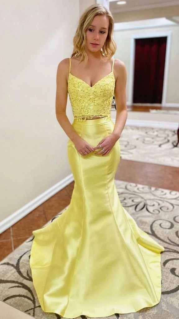 Yellow 2 Pieces Satin Mermaid Prom Dresses Evening Dresses,DP444