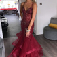 Burgundy V Neck Mermaid Tulle Beading Long Prom Dress with Ruffles,DP445