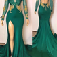 Green Backless Prom Dresses Long Sleeves V Neck Lace Mermaid Dress,DP447