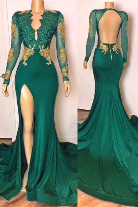 Green Backless Prom Dresses Long Sleeves V Neck Lace Mermaid Dress,DP447