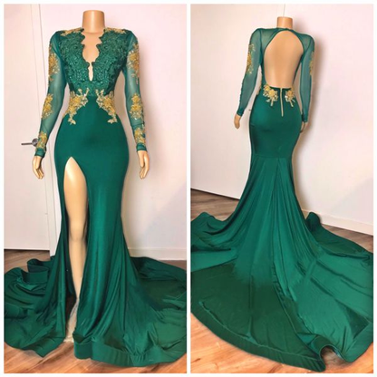 Green Backless Prom Dresses Long Sleeves V Neck Lace Mermaid Dress,DP447