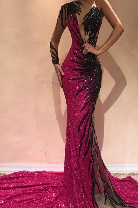 Glitter Mermaid One-shoulder Long Sleeve Backless Paillette Prom Dress,DP448