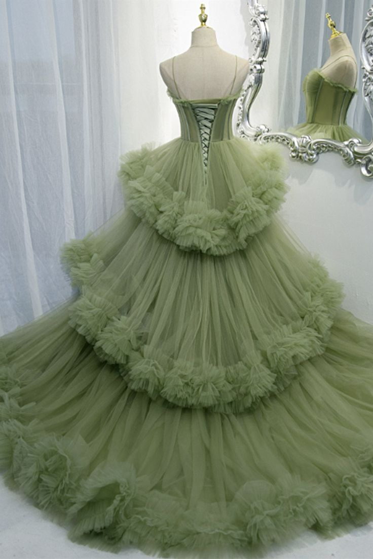 Green A-Line Elegant Straps Pleated Tiered Tulle Formal Prom Dress Ball Gown,DP449