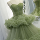 Green A-Line Elegant Straps Pleated Tiered Tulle Formal Prom Dress Ball Gown,DP449