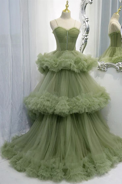 Green A-Line Elegant Straps Pleated Tiered Tulle Formal Prom Dress Ball Gown,DP449