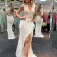 White Backless Feather Sheath Long Prom Dress Party Dress with Slit,DP450