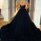 Black A-Line Strapless Tulle Long Ball Gown Evening Gown,DP451