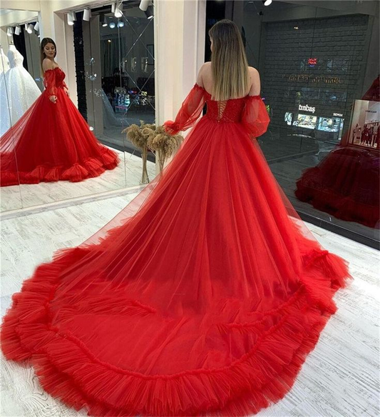 Luxury Long Tail Prom Dress Lace Prom Gown Detachable Sleeve,DP455