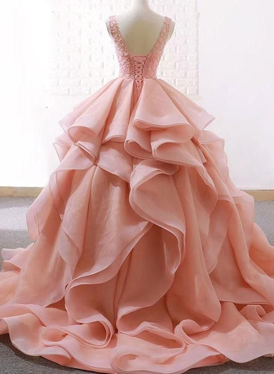 Pink Puffy Tulle Long Ruffle Prom Dress A-Line Sleeveless Party Ball Gown,DP457