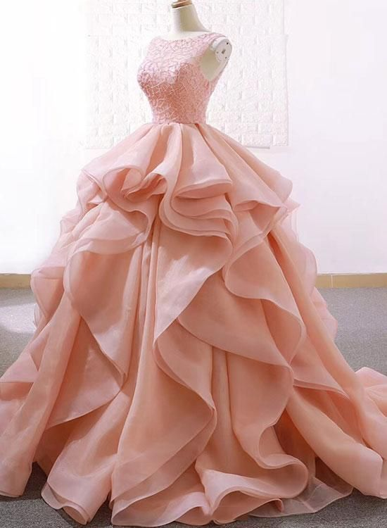 Pink Puffy Tulle Long Ruffle Prom Dress A-Line Sleeveless Party Ball Gown,DP457