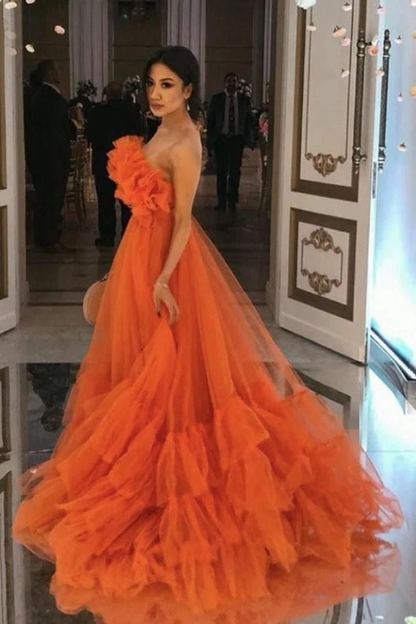 Orange A-Line Ruffles Tulle Evening Party Dresses Strapless Tiered Prom Dresses ,DP459