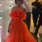 Orange A-Line Ruffles Tulle Evening Party Dresses Strapless Tiered Prom Dresses ,DP459