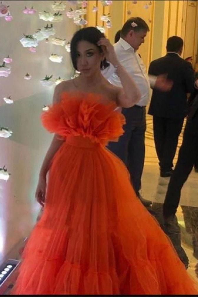 Orange A-Line Ruffles Tulle Evening Party Dresses Strapless Tiered Prom Dresses ,DP459