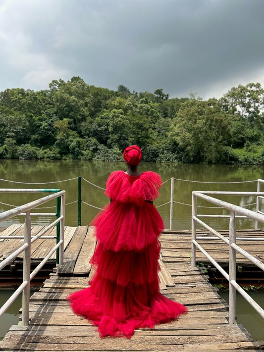 Red V Neck TulleTiered Tutu Dress Party Dress African Prom Quinceanera Dress,DP460