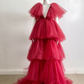 Red V Neck TulleTiered Tutu Dress Party Dress African Prom Quinceanera Dress,DP460