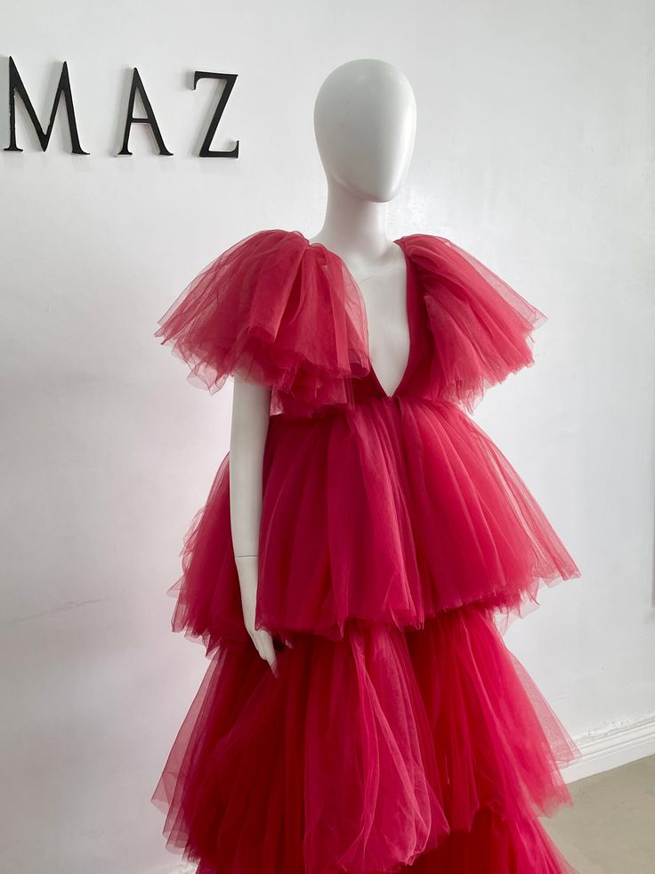 Red V Neck TulleTiered Tutu Dress Party Dress African Prom Quinceanera Dress,DP460