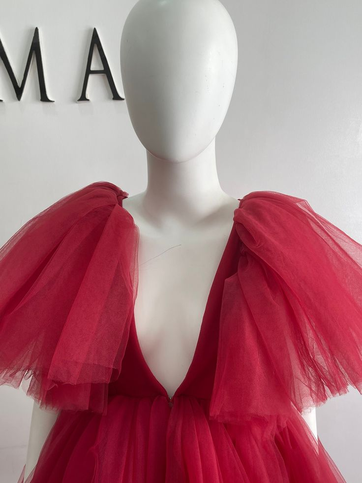 Red V Neck TulleTiered Tutu Dress Party Dress African Prom Quinceanera Dress,DP460